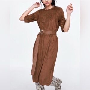 Zara sz M Brown Midi Faux Suede Dress with Faux Leather Belt
